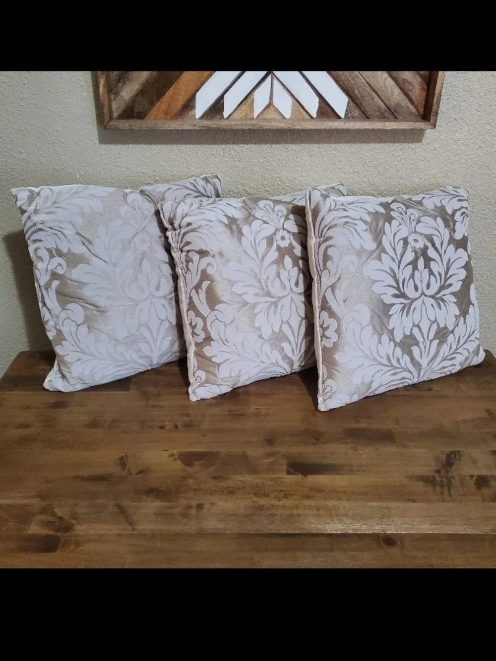 3 Vintage Gold & Ivory Cream Velour Velvet Damask Decorative Home Throw Pillows